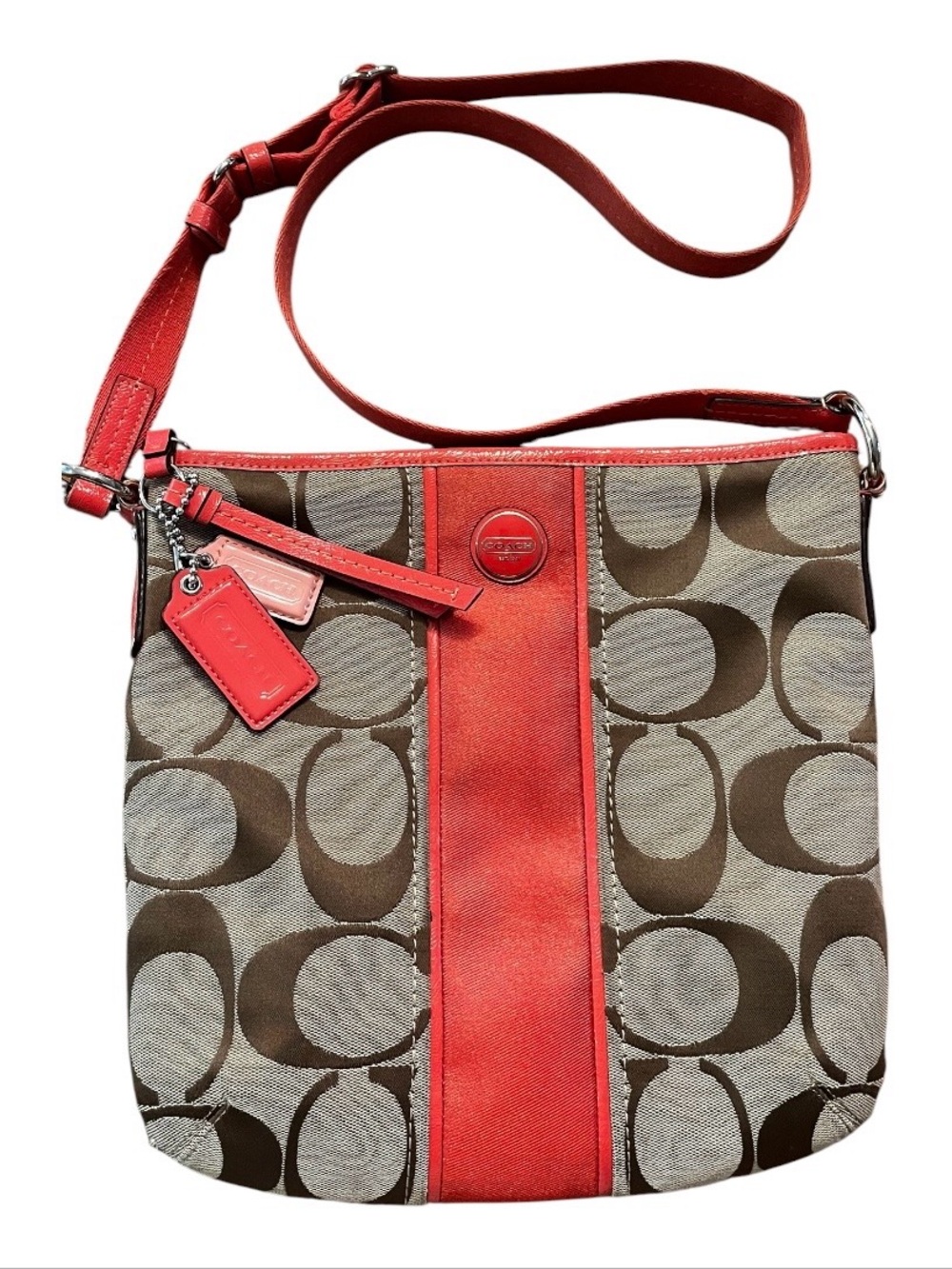 Coach Payton Brown Signature Crossbody with Coral Patent Leather Trim F21905